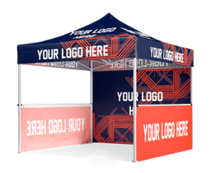 The 10'x10' Expo Package includes a promotional tent with customizable branding options, featuring the text YOUR LOGO HERE on its fabric panels. The tent showcases a navy blue and orange geometric design, ideal for advertising at events or outdoor settings.