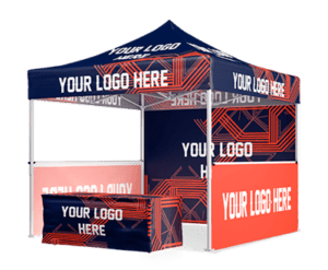 Introducing the 10'x10' Expo Plus Package, featuring a promotional tent adorned with a blue and orange geometric design. The canopy, walls, and table cover prominently display the words YOUR LOGO HERE.