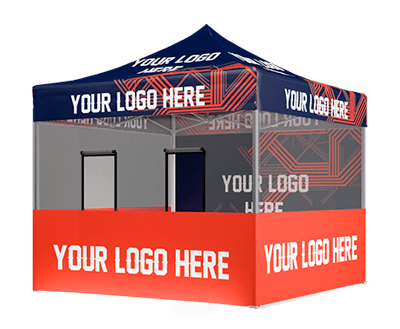 Discover the ultimate 10 x 10 pop-up canopy tent, showcasing a custom design with Your Logo Here text on the canopy and walls. It features a navy blue top, red lower section, and striking geometric patterns on the sides. Perfect for making your brand stand out!