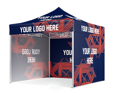 A 10 x 10 pop-up canopy tent featuring a blue and red geometric design. The text YOUR LOGO HERE is displayed prominently on the front and sides, with semi-transparent walls partially enclosing the space.