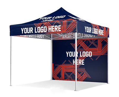 A 10 x 10 pop-up canopy tent with a blue and orange geometric design. The tent features the text YOUR LOGO HERE on the canopy and side panel, supported by four metal poles.