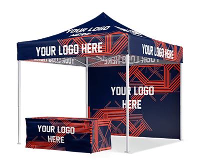 Discover our 10 x 10 pop-up canopy tent, showcasing a dark blue hue with striking red geometric patterns. The canopy, back wall, and table cover proudly feature "Your Logo Here" in white text, all supported by sturdy white poles.