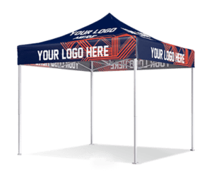 A 10'x10' Starter Package pop-up canopy tent with a navy blue cover displaying "YOUR LOGO HERE" in bold white text. The tent features white metal legs and subtle geometric red patterns on the canopy.