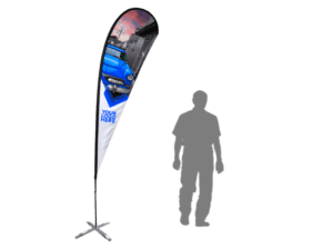 An 11ft Tear Drop Flag with a blue car image and placeholder text for a logo stands on a cross base, accompanied by the silhouette of a person for size comparison.