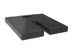A set of 30 lbs weights made of black, rectangular rubber featuring a U-shaped cutout and a handle slot near the top edge for convenient portability, with a smooth, slightly reflective surface.