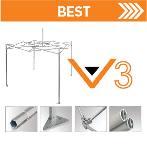 Promotional image for a V3 canopy structure. It features a framework with four legs, collapse details, and metal connectors. The word BEST is highlighted at the top, with arrows pointing right.