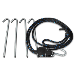A set of camping equipment for your 10x15 tent, featuring four metal tent stakes and a black rope with blue accents attached to a metal pulley hook.