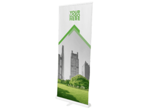 A retractable banner featuring a vibrant city skyline with skyscrapers and a lush green park in the foreground. At the top of the banner, there's placeholder text "YOUR LOGO HERE" accompanied by a green arrow design pointing downwards.