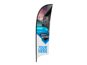 Introducing the Sunblade Flag with Fiberglass Pole: a vertical banner featuring a blue classic car against a sunset backdrop. The lower segment is white, displaying the text YOUR LOGO HERE in blue.