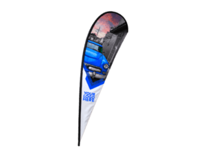 A vertical Tear Drop Flag Fabric Only design with a blue vehicle and industrial backdrop. The bottom area of the flag is blank, featuring the text "Your Logo Here" in blue.
