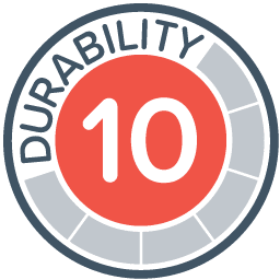 A circular badge with the word DURABILITY on the upper half and a large "10" in the center, reminiscent of a robust 10 x 10 canopy. The background features a segmented gray and red color scheme, symbolizing lasting strength and resilience.