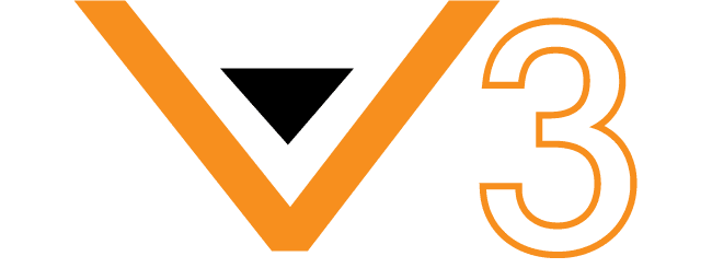 A stylized orange V with a black downward-pointing triangle inside, followed by the number 3 outlined in orange, serves as a striking logo design for the 10x15 pop-up canopy tent. The minimalist style stands out against a crisp white background.