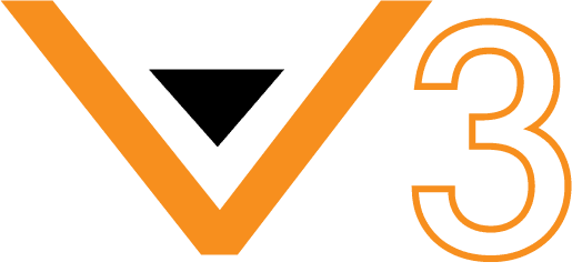 An orange V with a black downward-pointing triangle in the middle, followed by the number 3 outlined in orange on a transparent background, reminiscent of a sleek design you'd find on a 10 x 10 pop-up canopy tent.