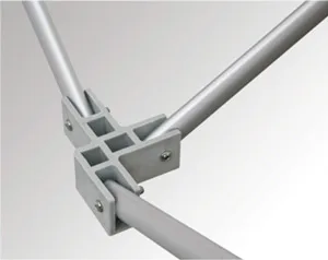 Close-up of a metallic connector piece for a 10 x 10 pop up canopy tent, with three attached metal rods extending outward. The rods are secured with screws, forming a sturdy, geometric structure against the smooth, light gray background.