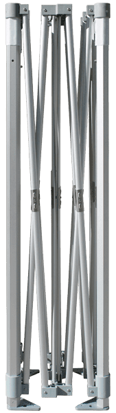 The collapsible metal frame in a partially folded state, with crisscrossing supports standing upright, is perfect for setting up structures like a 10 x 10 pop-up canopy tent or banners.