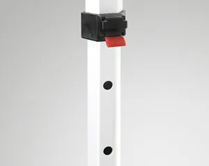 Close-up of a white metal pole with black and red locking mechanism, perfect for securing a 10 x 10 pop up canopy tent. The pole features two circular holes for adjustments against a plain background.