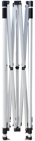 A close-up of a collapsed white folding stand or frame with metal legs and jointed connectors, resembling the sturdy structure of a 10x15 canopy. The design suggests easy portability and setup, ideal for outdoor events or gatherings.