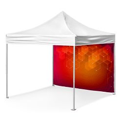A white pop-up canopy tent with a vibrant, orange-red hexagonal pattern on the back panel. The design features a gradient effect, creating a visually striking backdrop. The tent provides shade with open sides and a solid white roof.