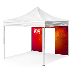 A white pop-up canopy tent with a red and orange geometric design on its back panel. The text YOUR LOGO HERE appears on the panel, suggesting a customizable promotional space. The tent stands on a simple gray floor.