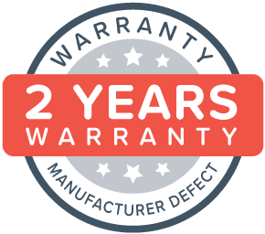 A circular badge with a dark blue border and white stars. Inside, a red rectangle reads 2 Years Warranty. The words Warranty and Manufacturer Defect are written in blue around the circle, perfect for your 10x15 pop-up canopy tent purchase.