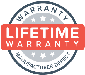 A circular emblem featuring "LIFETIME WARRANTY" in bold white letters on a red rectangle. The outer circle, perfect for a 10 x 10 pop-up canopy tent, reads WARRANTY at the top and MANUFACTURER DEFECT at the bottom, with white stars on a gray background.