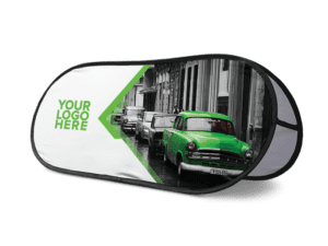 A Horizontal Pop-Up Banner showcasing a vintage black-and-white street scene with four cars, highlighting one car in vibrant green. The left side of the banner is white and displays YOUR LOGO HERE in green.