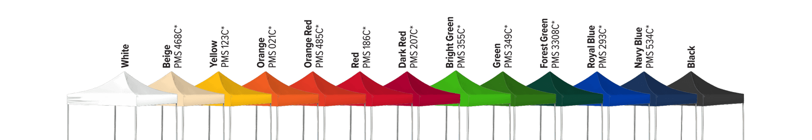 A lineup of ten canopy tents in various colors, from left to right: white, cream, yellow, orange, red, pink, green, teal, blue, navy blue, and black. Each tent is labeled with its corresponding Pantone color.
