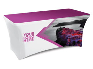 A rectangular Stretch Table Cover - Fully Printed in purple and white, displaying a "Your Logo Here" text. It features a grayscale coastal image on one side with bold red and purple highlights.