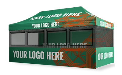 A green and black 10x20 pop up canopy tent with large transparent windows and the text YOUR LOGO HERE in white. The tent features vibrant orange geometric patterns.
