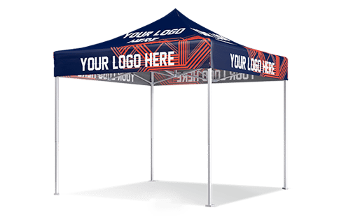 A custom pop-up canopy tent with a dark blue top and metallic frame. Each side boasts "YOUR LOGO HERE" amidst a striking geometric pattern in orange and white hues, perfect for brands seeking distinctive tents and canopies.