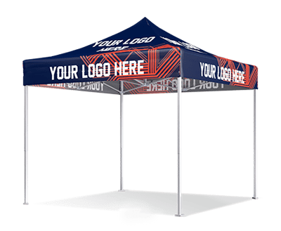 A custom canopy tent with a dark, patterned top proudly showcases the words Your Logo Here on all sides. This tailored design features a sturdy frame, making it perfect for outdoor events.