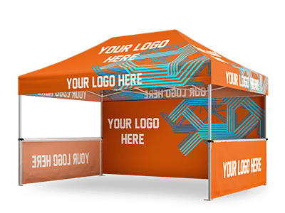 An orange 10x15 pop-up canopy tent features a geometric blue design with the words "Your Logo Here" on the canopy and side panels. The tent is open on all sides, showcasing the text prominently.