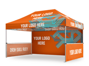 An orange pop-up canopy tent from the 10'x15' Expo Plus Package, featuring a modern blue geometric design with YOUR LOGO HERE printed on all sides and attached sidewalls.