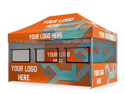 An orange 10x15 pop-up canopy tent with transparent mesh walls, displaying the text YOUR LOGO HERE in white. The design showcases blue geometric patterns across the fabric, making it both functional and visually appealing.