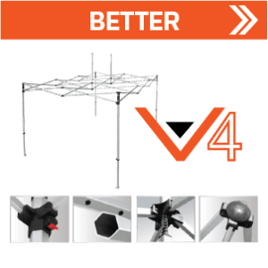 Metal frame structure with a grid design shown under the word Better and a logo V4. Below, four close-up images display various connection points and components of the frame. The background is green.