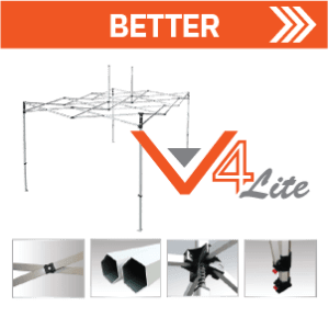 Collapsible metal frame canopy with BETTER in white on an orange background and V4 Lite in orange and gray below. Four close-up images show parts of the frame, joints, and connection details.
