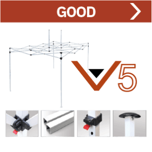 A canopy frame labeled GOOD with the text V5 alongside it. Below, there are four close-up images showing different parts of the frame, including joints, legs, and a locking mechanism.