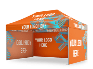 A 10'x15' Premium Package pop-up tent with "Your Logo Here" printed repeatedly in white, featuring abstract blue and orange geometric designs.