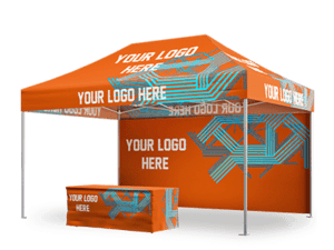 A 10'x15' Pro Plus Package event tent in orange, customized with "Your Logo Here" on the roof and wall panels, featuring blue geometric designs and including a matching table cover.