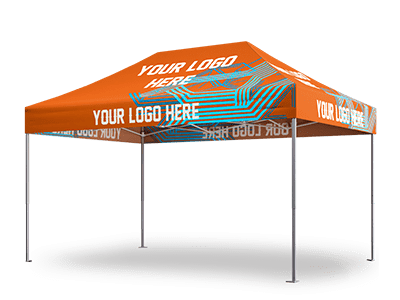 A vibrant orange 10x15 pop up canopy tent features YOUR LOGO HERE on the roof and valance, complemented by sleek blue abstract lines. This 10x15 canopy is supported by a sturdy metal frame and showcased against a plain background.