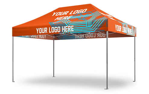 An orange pop-up canopy tent with a metallic frame and customizable panels displaying Your Logo Here text. This custom tent is set up on a plain gray surface, perfect for events and promotions.