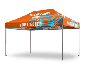 An orange 10'x15' Starter Package pop-up canopy tent, displaying the text YOUR LOGO HERE in repeated white print across its surface. The tent showcases a modern design with angular graphics in vibrant teal and is supported by four silver poles.