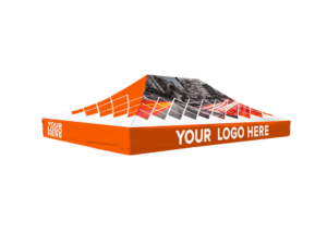 A 10'x15' printed canopy top with YOUR LOGO HERE displayed on its sides and top, featuring a geometric design with overlapping lines and grayscale images, perfect for outdoor use.