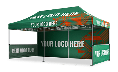 A green 10x20 pop-up canopy tent with a customizable blank logo area. The tent features orange geometric patterns and includes sections for displaying text on the sides and top.