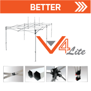An illustration of a metal framework labeled BETTER with detailed close-ups of its components, including connectors and tube ends. The text V4 Lite is prominently displayed in orange and gray.