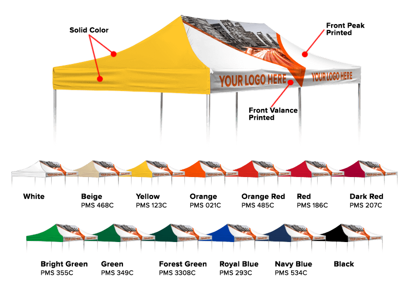 Discover our 10'x20' Printed Canopy Top Only collection, available in a variety of colors such as white, red, orange, yellow, and more. Each canopy top offers customizable sections for logos or graphics. The featured canopy is yellow and displays YOUR LOGO HERE text prominently.