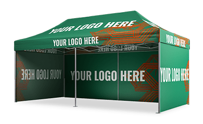 A green 10x20 pop up canopy tent with YOUR LOGO HERE printed multiple times in white, featuring a geometric pattern in red. The tent is fully open, showcasing its impressive branding potential.