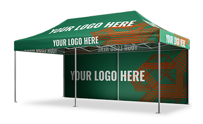 A green 10x20 pop-up canopy tent with Your Logo Here written in white on all visible sides. The tent features an abstract orange geometric design and sturdy metal frames supporting the structure.