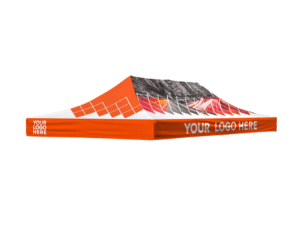 10'x20' Printed Canopy Top showcasing an orange and white design, complete with "Your Logo Here" text on the valance. The roof boasts a grayscale abstract pattern with geometric accents and red highlights.