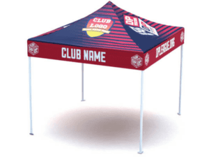 A 10'x10' tent called the DPL + Custom Club Name, featuring a customizable club name and logo on a blue and red pop-up canopy with a striped roof design, and white text stating CLUB NAME and OPCLUB.ORG on the sides.